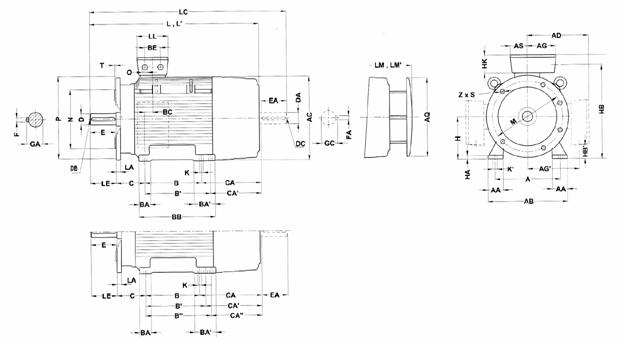 Габаритные и присоединительные размеры 1LG4 (лапы-фланец 180M-315L) 